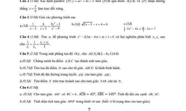 Đề thi HK1 Toán 10 năm 2019 2020 trường THPT Thủ Khoa Huân TP HCM