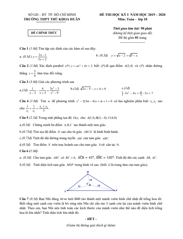 Đề thi HK1 Toán 10 năm 2019 2020 trường THPT Thủ Khoa Huân TP HCM