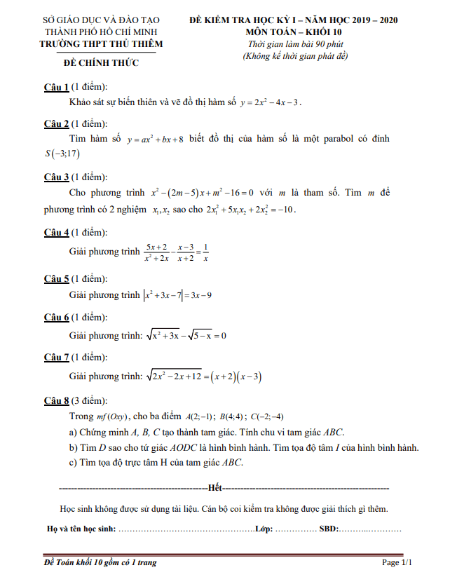 Đề thi HK1 Toán 10 năm 2019 2020 trường THPT Thủ Thiêm TP HCM