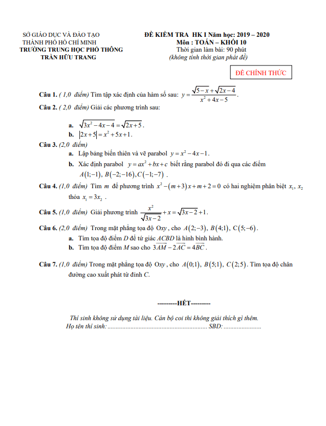 Đề thi HK1 Toán 10 năm 2019 2020 trường THPT Trần Hữu Trang TP HCM