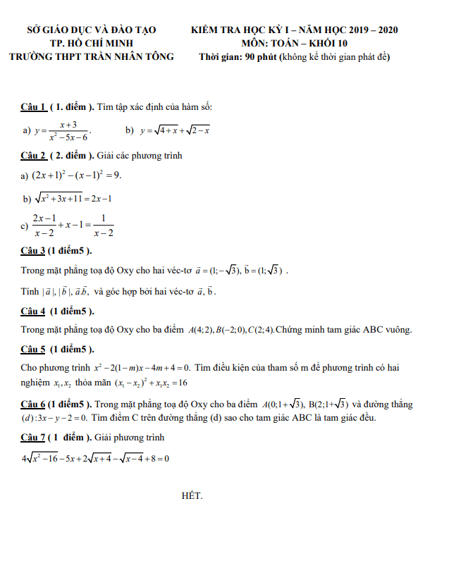 Đề thi HK1 Toán 10 năm 2019 2020 trường THPT Trần Nhân Tông TP HCM