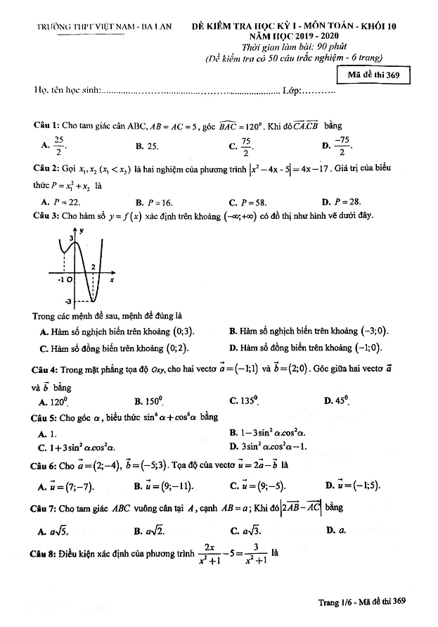 Đề thi HK1 Toán 10 năm 2019 2020 trường THPT Việt Nam Ba Lan Hà Nội