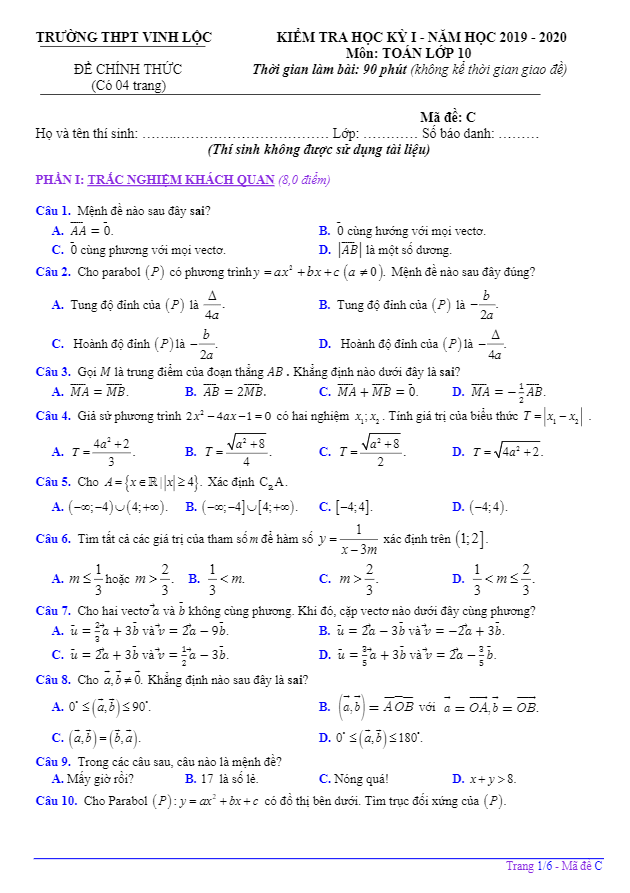 Đề thi HK1 Toán 10 năm 2019 2020 trường THPT Vinh Lộc TT Huế