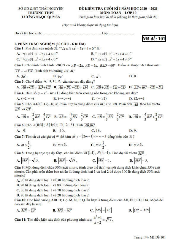 Đề thi HK1 Toán 10 năm 2020 2021 trường Lương Ngọc Quyến Thái Nguyên