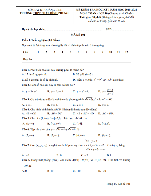 Đề thi HK1 Toán 10 năm 2020 2021 trường Phan Đình Phùng Quảng Bình