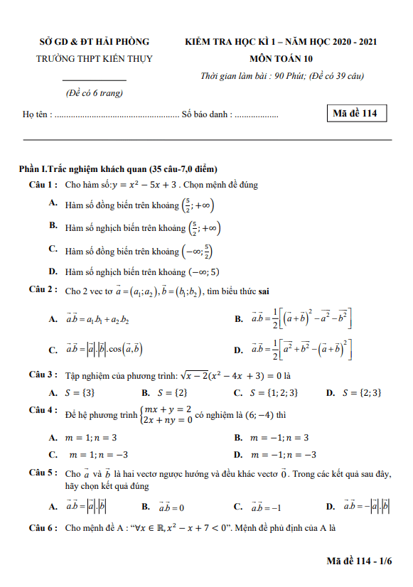 Đề thi HK1 Toán 10 năm 2020 2021 trường THPT Kiến Thụy Hải Phòng