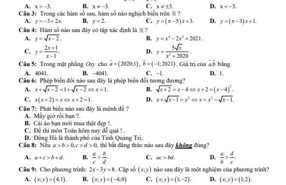 Đề thi HK1 Toán 10 năm 2020 2021 trường THPT Lê Lợi Quảng Trị