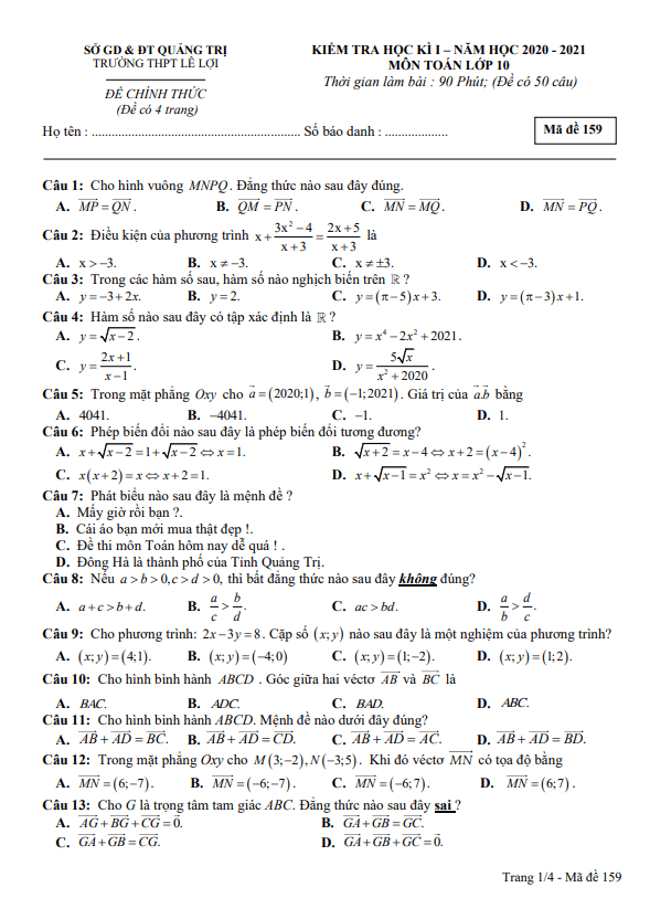 Đề thi HK1 Toán 10 năm 2020 2021 trường THPT Lê Lợi Quảng Trị