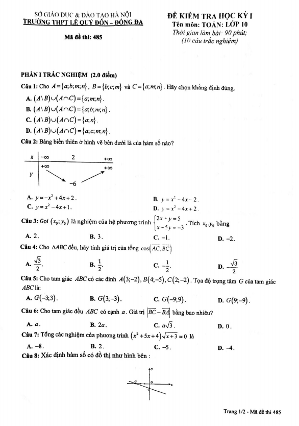 Đề thi HK1 Toán 10 năm 2020 2021 trường THPT Lê Quý Đôn Hà Nội