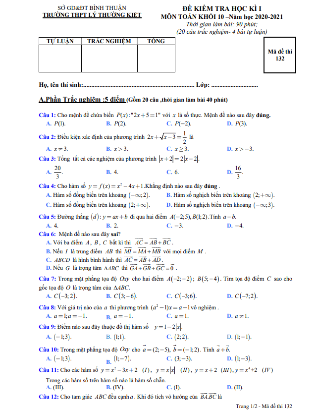 Đề thi HK1 Toán 10 năm 2020 2021 trường THPT Lý Thường Kiệt Bình Thuận