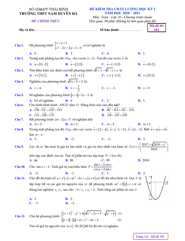 Đề thi HK1 Toán 10 năm 2020 2021 trường THPT Nam Duyên Hà Thái Bình