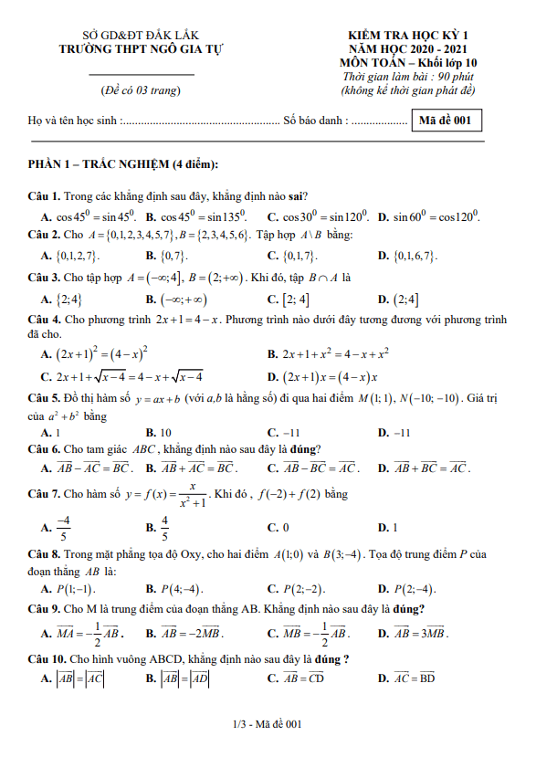 Đề thi HK1 Toán 10 năm 2020 2021 trường THPT Ngô Gia Tự Đắk Lắk