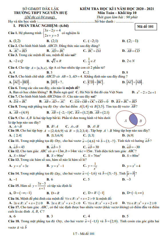 Đề thi HK1 Toán 10 năm 2020 2021 trường THPT Nguyễn Huệ Đắk Lắk