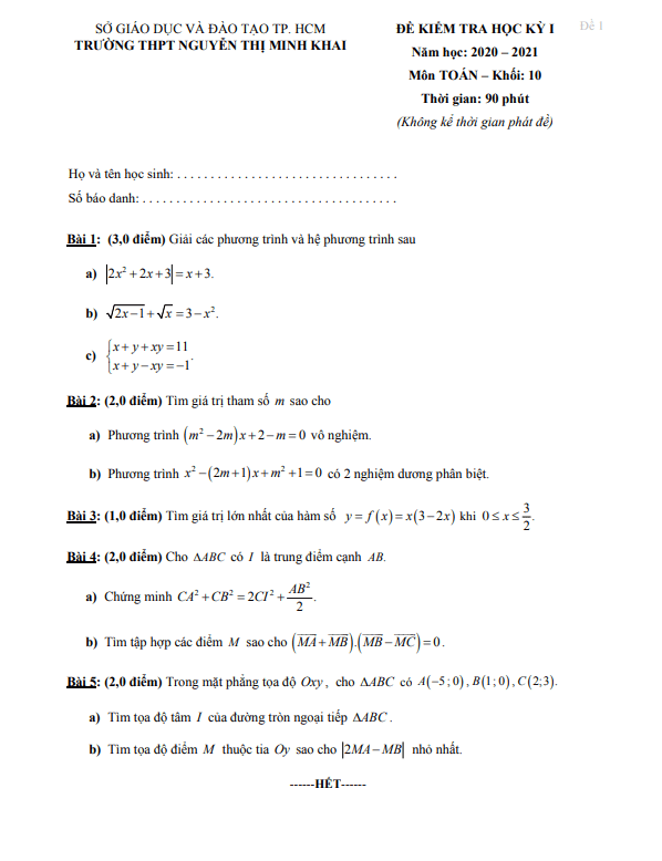 Đề thi HK1 Toán 10 năm 2020 2021 trường THPT Nguyễn Thị Minh Khai TP HCM