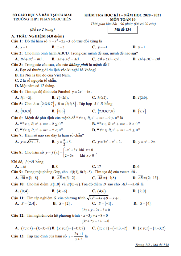 Đề thi HK1 Toán 10 năm 2020 2021 trường THPT Phan Ngọc Hiển Cà Mau