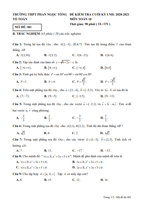 Đề thi HK1 Toán 10 năm 2020 2021 trường THPT Phan Ngọc Tòng Bến Tre