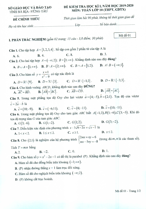 Đề thi HK1 Toán 10 năm học 2019 2020 sở GD&ĐT Bà Rịa Vũng Tàu