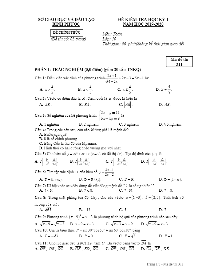 Đề thi HK1 Toán 10 năm học 2019 2020 sở GD&ĐT Bình Phước