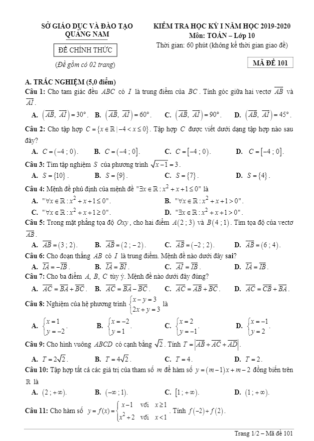 Đề thi HK1 Toán 10 năm học 2019 2020 sở GD&ĐT Quảng Nam