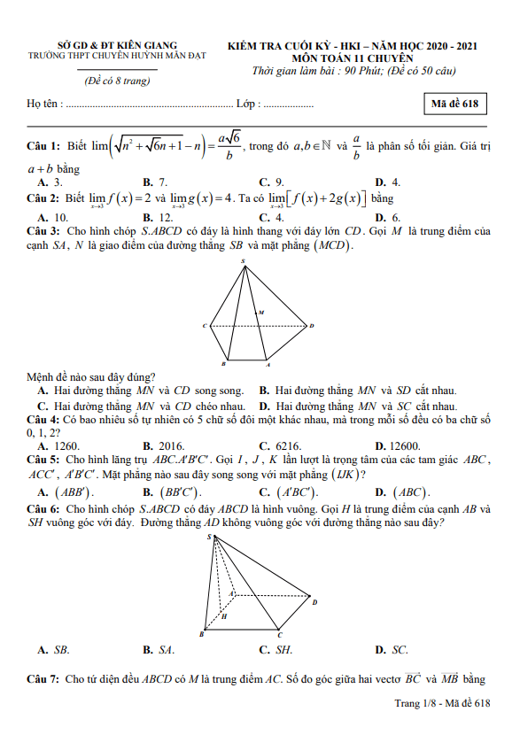 Đề thi HK1 Toán 11 chuyên năm 2020 2021 trường chuyên Huỳnh Mẫn Đạt Kiên Giang
