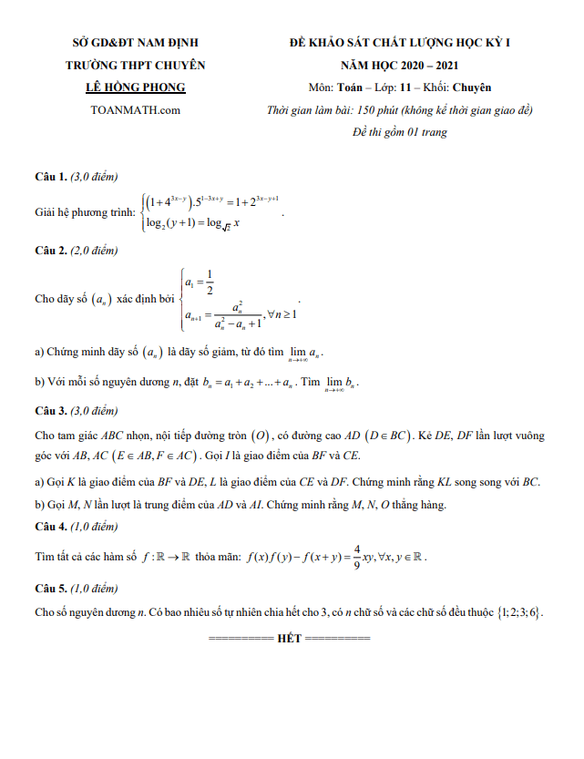Đề thi HK1 Toán 11 chuyên năm 2020 2021 trường chuyên Lê Hồng Phong Nam Định