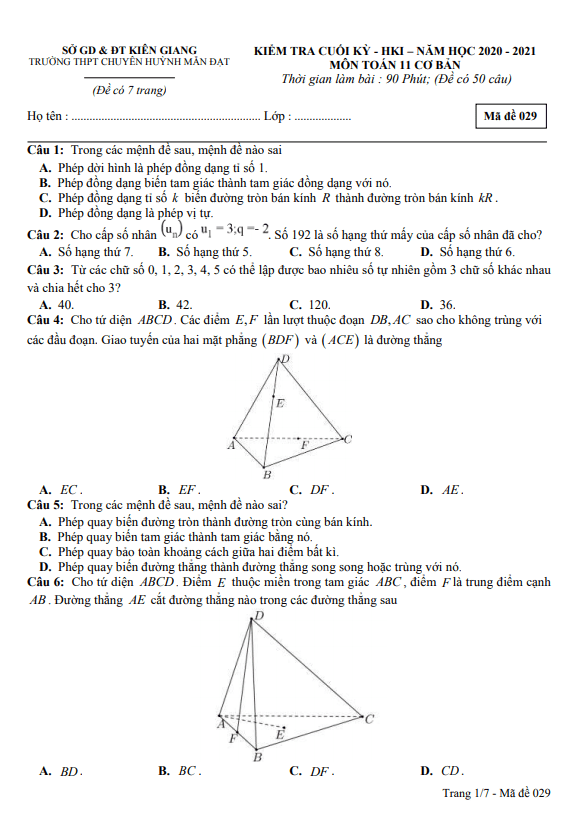 Đề thi HK1 Toán 11 cơ bản năm 2020 2021 trường chuyên Huỳnh Mẫn Đạt Kiên Giang