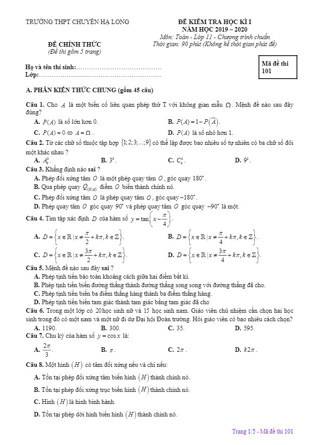 Đề thi HK1 Toán 11 năm 2019 2020 trường chuyên Hạ Long Quảng Ninh