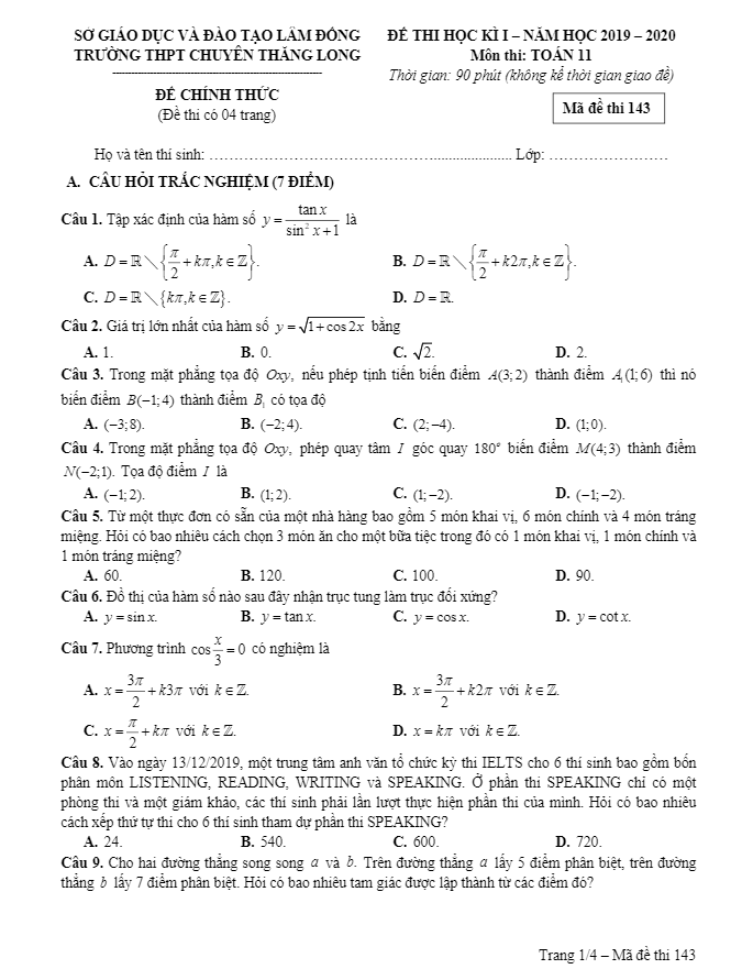 Đề thi HK1 Toán 11 năm 2019 – 2020 trường chuyên Thăng Long – Lâm Đồng