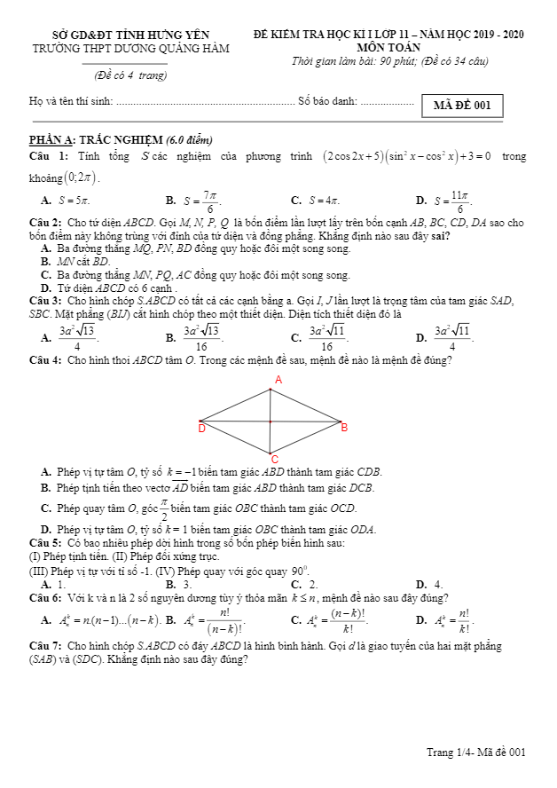 Đề thi HK1 Toán 11 năm 2019 2020 trường Dương Quảng Hàm Hưng Yên