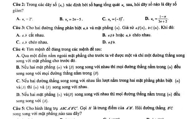 Đề thi HK1 Toán 11 năm 2019 2020 trường Nguyễn Tất Thành Hà Nội