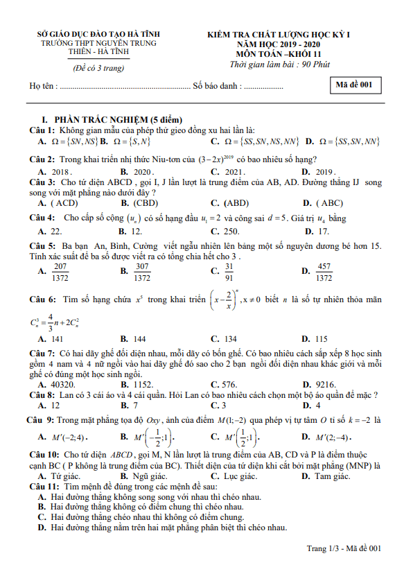 Đề thi HK1 Toán 11 năm 2019 2020 trường Nguyễn Trung Thiên Hà Tĩnh