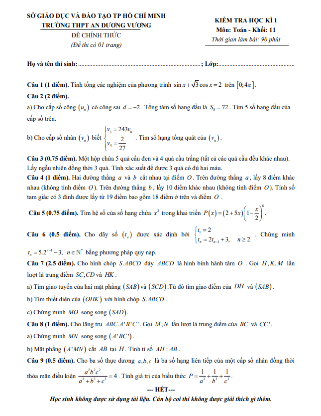 Đề thi HK1 Toán 11 năm 2019 2020 trường THPT An Dương Vương TP HCM