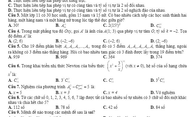 Đề thi HK1 Toán 11 năm 2019 2020 trường THPT chuyên Hà Nội Amsterdam