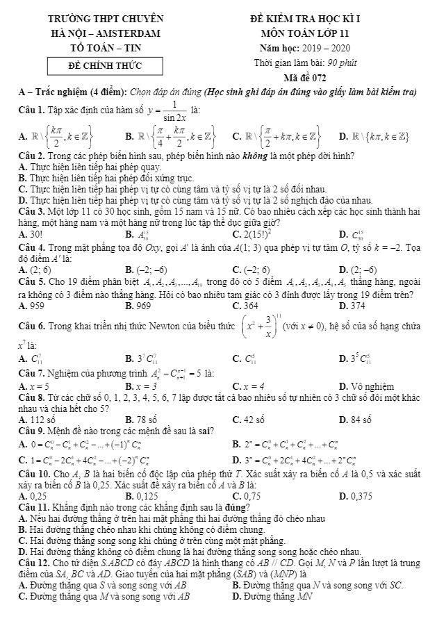 Đề thi HK1 Toán 11 năm 2019 2020 trường THPT chuyên Hà Nội Amsterdam