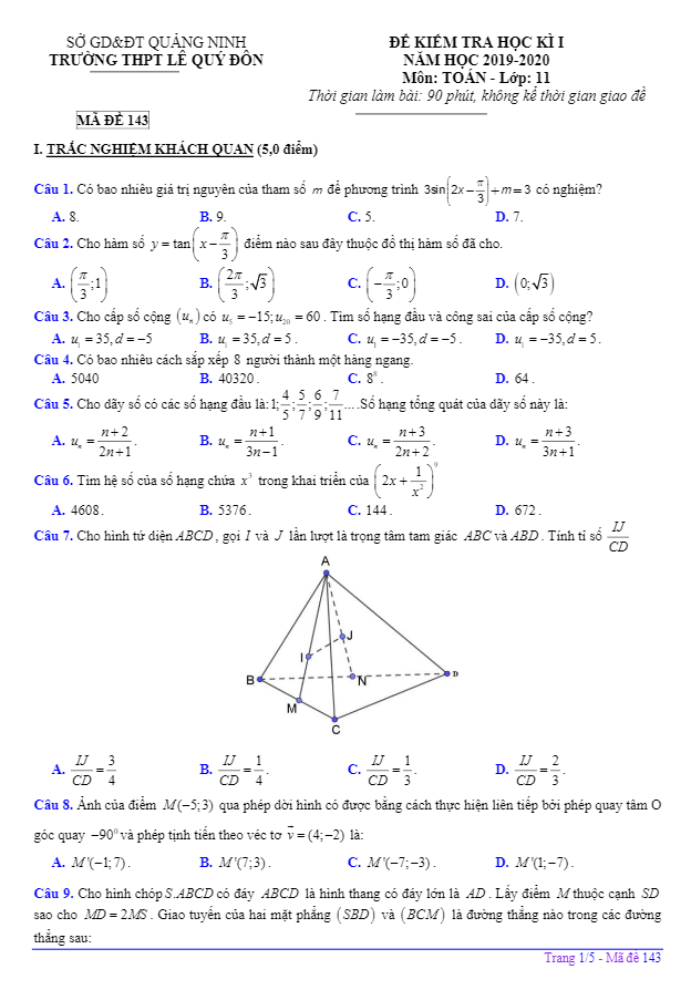 Đề thi HK1 Toán 11 năm 2019 2020 trường THPT Lê Quý Đôn Quảng Ninh