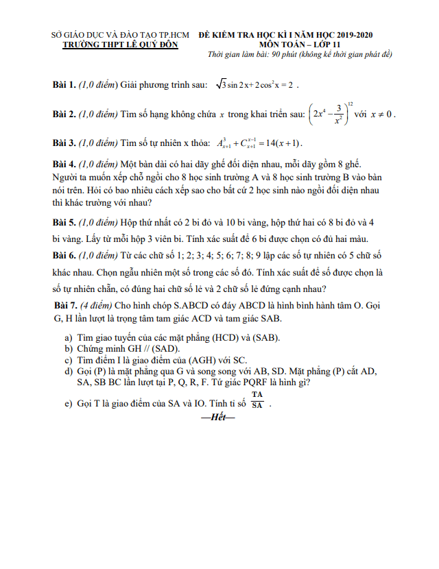 Đề thi HK1 Toán 11 năm 2019 2020 trường THPT Lê Quý Đôn TP HCM