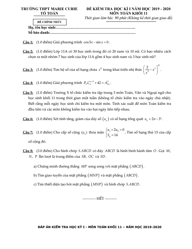 Đề thi HK1 Toán 11 năm 2019 2020 trường THPT Marie Curie TP HCM