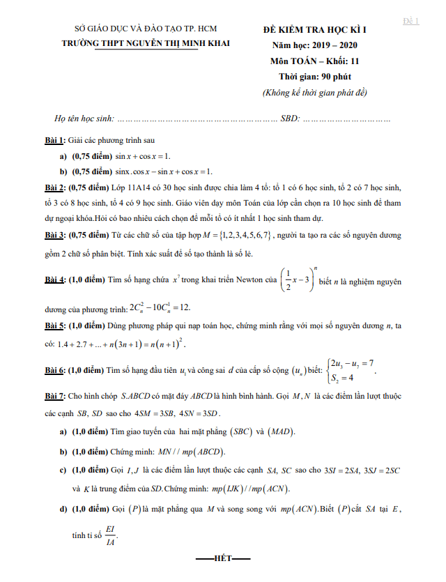 Đề thi HK1 Toán 11 năm 2019 2020 trường THPT Nguyễn Thị Minh Khai TP HCM