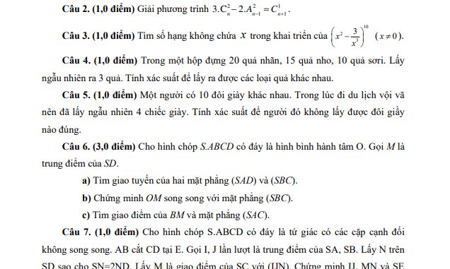 Đề thi HK1 Toán 11 năm 2019 2020 trường THPT Nguyễn Trung Trực TP HCM