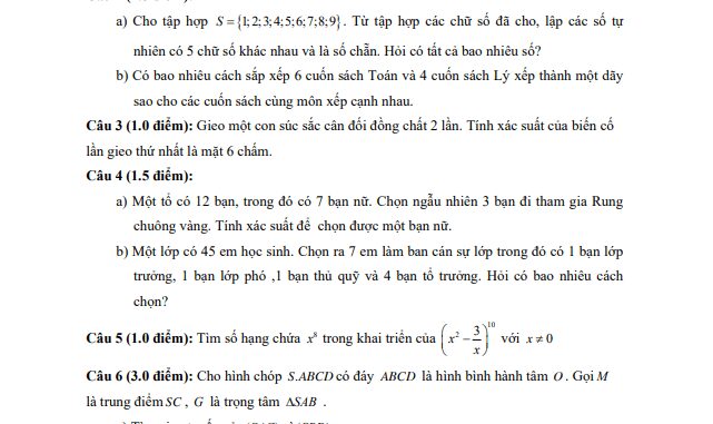 Đề thi HK1 Toán 11 năm 2019 2020 trường THPT Nguyễn Văn Tăng TP HCM