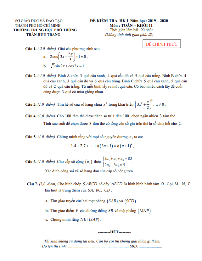Đề thi HK1 Toán 11 năm 2019 2020 trường THPT Trần Hữu Trang TP HCM