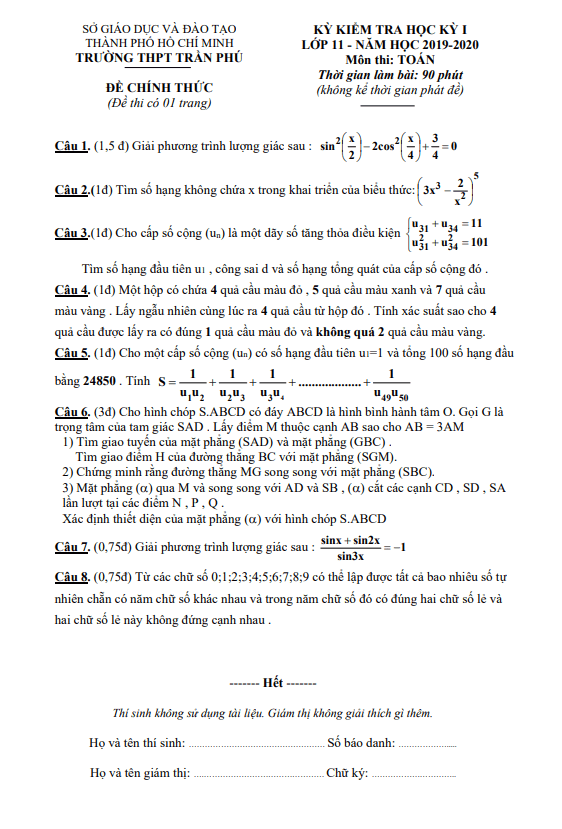 Đề thi HK1 Toán 11 năm 2019 2020 trường THPT Trần Phú TP HCM