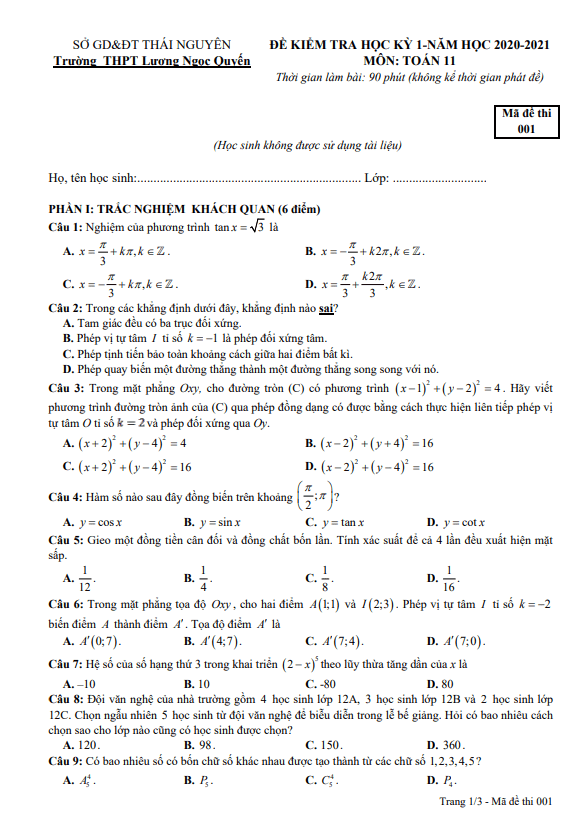 Đề thi HK1 Toán 11 năm 2020 2021 trường Lương Ngọc Quyến Thái Nguyên