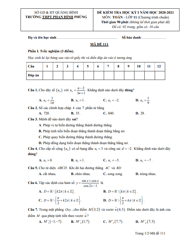 Đề thi HK1 Toán 11 năm 2020 2021 trường Phan Đình Phùng Quảng Bình