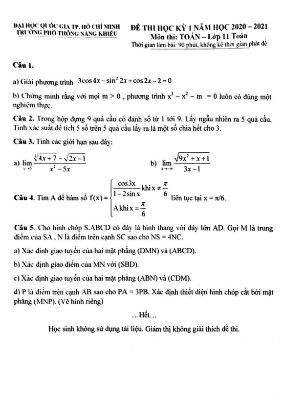 Đề thi HK1 Toán 11 năm 2020 2021 trường Phổ thông Năng khiếu TP HCM