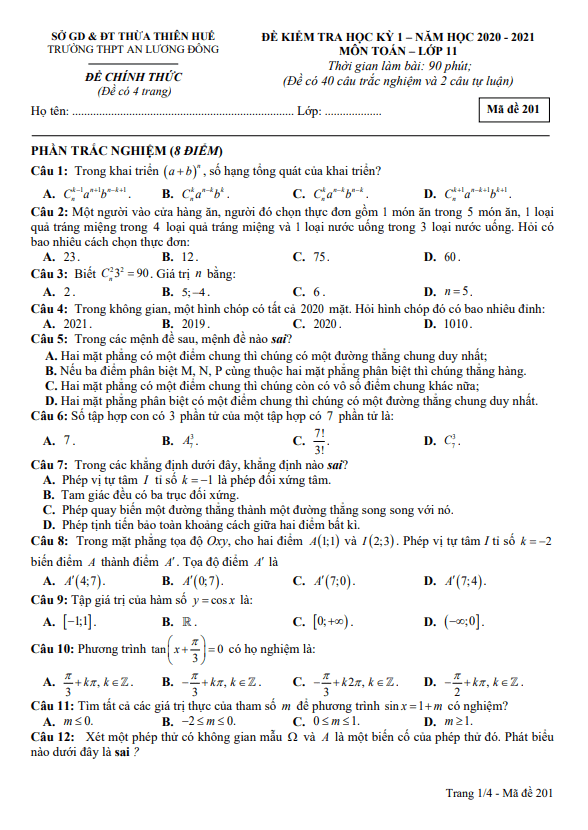 Đề thi HK1 Toán 11 năm 2020 2021 trường THPT An Lương Đông TT Huế
