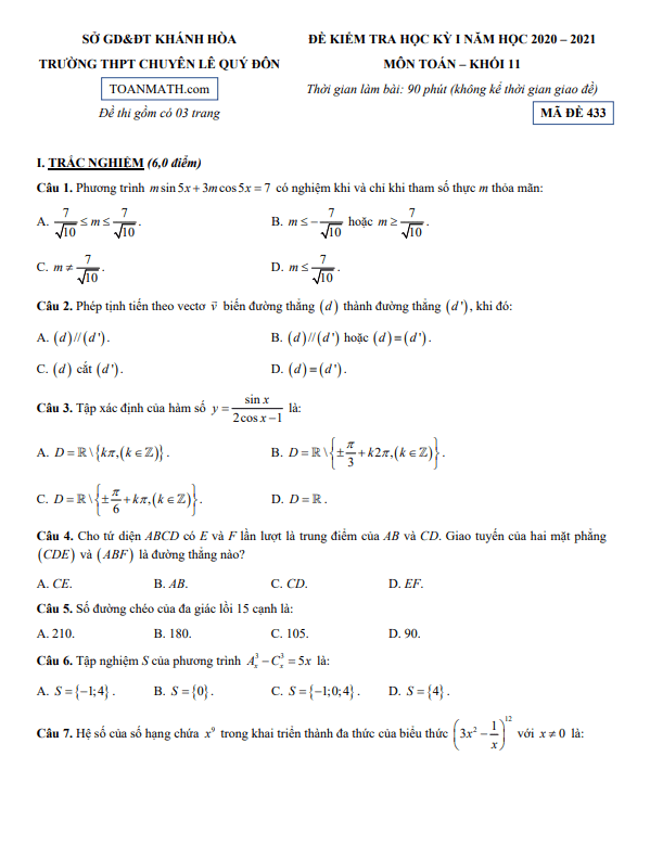 Đề thi HK1 Toán 11 năm 2020 2021 trường THPT chuyên Lê Quý Đôn Khánh Hòa