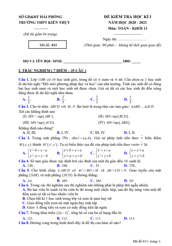 Đề thi HK1 Toán 11 năm 2020 2021 trường THPT Kiến Thụy Hải Phòng