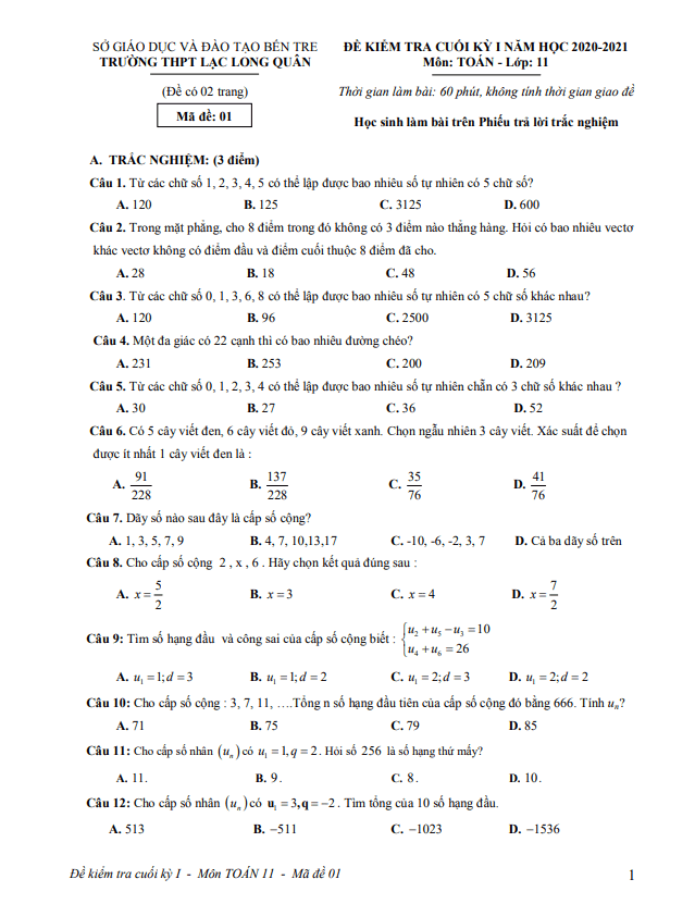 Đề thi HK1 Toán 11 năm 2020 2021 trường THPT Lạc Long Quân Bến Tre