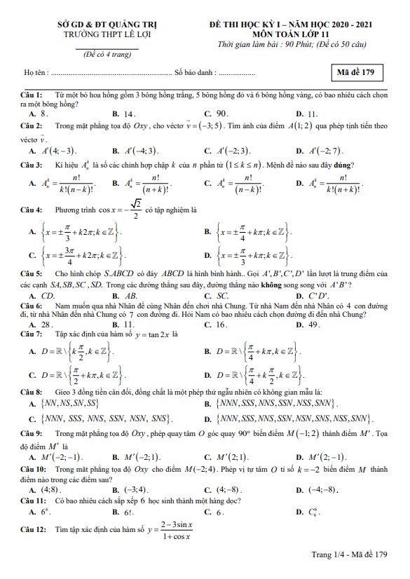 Đề thi HK1 Toán 11 năm 2020 2021 trường THPT Lê Lợi Quảng Trị